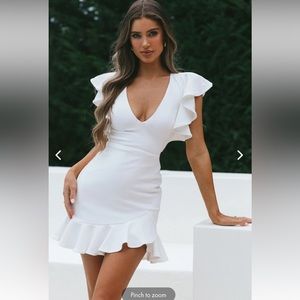 Cupid's Bow V-Neckline Ruffle Shoulder Bodycon Dress White
